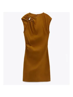 New Zara One-Shoulder Brown Mini Dress with Ring Detail Vacation Linen thumbnail 3