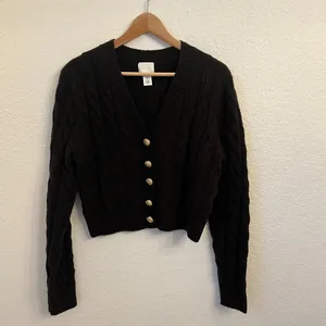 H&M‎ Cable Knit Cardigan S Chunky Chocolate Brown Old Money Wool Blend thumbnail 2