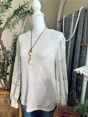 Boutique Sunflower Lace Sleeve Waffle Knit Bubble Sleeve Top M thumbnail 5