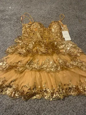 Stacees Shine in this elegant gold lace dress, perfect for any special occasion. The intricate lace detailing adds a touch of sophistication. thumbnail 3