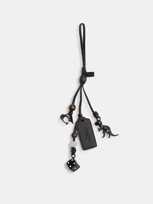 Coach Heritage Black Leather Loop Charm Keychain with Beads, Rexy Dinosaur, Dice thumbnail 2