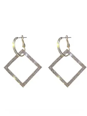Elegant Gold tone Square Drop diamond paved small hoop Earrings thumbnail 4