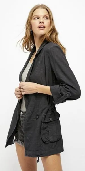 NEW Free People Linen Blend Charly Blazer SIZE MEDIUM MIDNIGHT NWT thumbnail 1