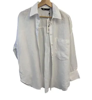 Zara White 100%Linen women's Long Sleeve Button Down Shirt Small NWT 8372/034 thumbnail 2