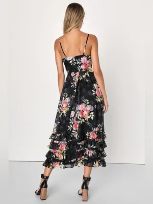 Lulus Elegant Radiance Classic Black Floral Print Ruffled Bustier Midi Dress M thumbnail 7