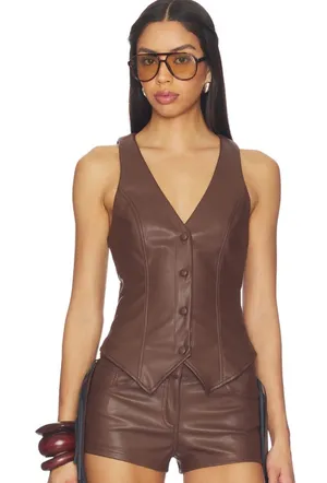 Superdown Karina Brown Faux Leather Button Vest Sz S thumbnail 1