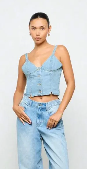 Denim Corset Top Button Front Bustier Blue Size undefined thumbnail 1