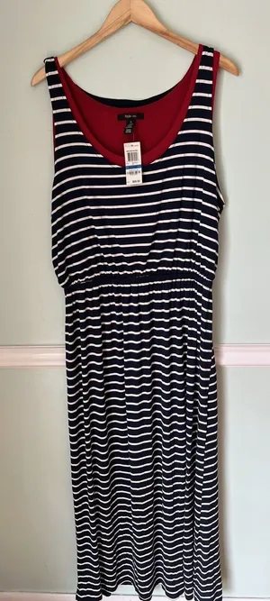 Style and Co Navy and white red cami‎ striped Casual maxi Dress size XL NEW thumbnail 1