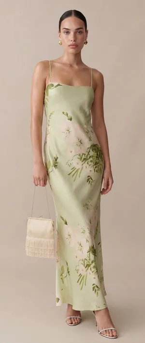 Few Moda o.p.t. Mazzy Green Size M Floral Silk Slip Maxi Dress thumbnail 1