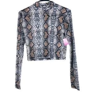 NWT Womens Y2K Mesh Snakeskin Crop Top Brown Mock Neck Sheer Long Sleeve Size M thumbnail 4