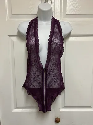 Purple Stretch Plunging Scalloped Lace Teddy thumbnail 9