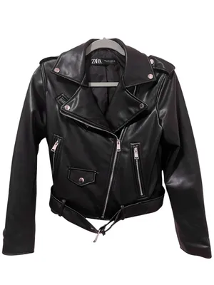 Zara Faux Leather Belted Biker Jacket M Black thumbnail 3