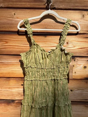 Few Moda o.p.t Freya Size M Green Striped Smocked Fit Flare Midi Cotton Dress thumbnail 7
