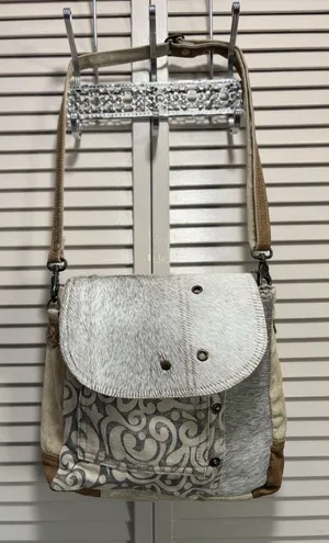 Myra Hair On Cowhide Leather Canvas Paisley Shoulder‎ Bag Boho Gray/Tan thumbnail 1