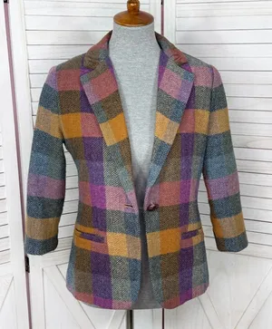 Cabi Happy Blazer‎ Women 4 Multicolor Buffalo Plaid Jewel Tone Wool Blend #927 thumbnail 1