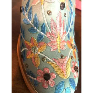 Western Mule Size 7 Blue Embroidered Chunky Block Heel Studded Ankle Strap Vegan thumbnail 6