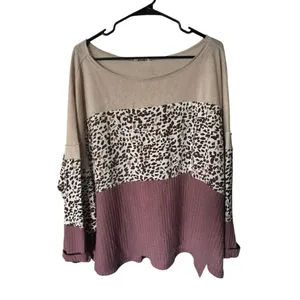 Umgee Women's Tan & Pink Loose Fitting Top thumbnail 2