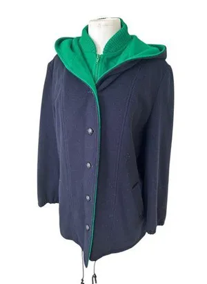 Vintage Authentic MacKintosh Vestcoat Navy Blue Green Button Wool Coat Hooded 14 thumbnail 1