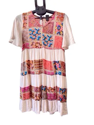 ODDI Patchwork Tiered Mini Dress Flutter Sleeve summer boho Size S Red thumbnail 4
