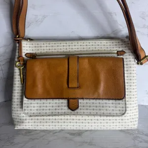 Fossil kinley Women's Crossbody Bag Key Pattern Canvas Leather Trim Cream Brown thumbnail 2