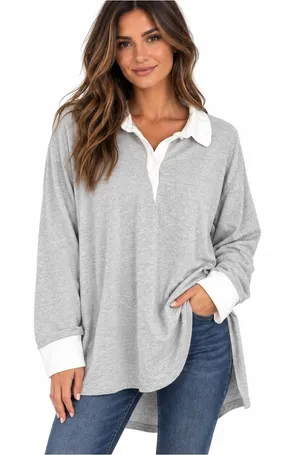 Aerie Womens Oversized Rugby Polo Shirt Medium Gray White Preppy Coastal Lounge thumbnail 1
