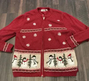 Croft & Barrow Snowman Holiday Zip Up Cardigan Red Festive Snowflake XL Vintage thumbnail 1