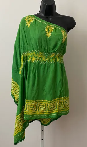 Fashion Terminal Cotton Boho Beachy Relaxed One Shoulder Kaftan Tunic Free Green thumbnail 1
