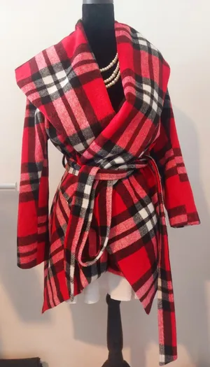 Plaid Flannel Drape Belted Jacket (Red) – M thumbnail 1