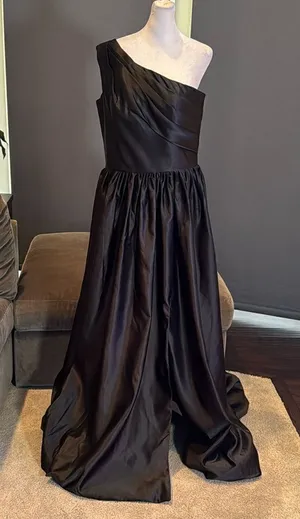 Women’s Black Satin One Shoulder Prom Party Formal Dress with Leg Slit Size 16 thumbnail 1