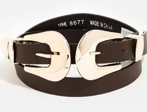 Double Buckle Faux Leather Belt in Brown thumbnail 1