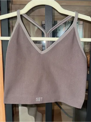 SET Active sports bra tank top Sculptflex Ribbed Pepper halter vneck taupe thumbnail 1