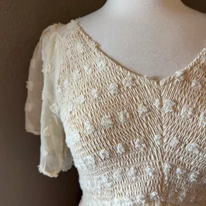 Tecrew Cream Crochet Smocked Puff Sleeve Mini Dress Large NWT thumbnail 3