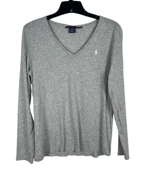 Ralph Lauren Sport Gray Cotton V Neck Long Sleeve T-Shirt L Preppy Pony Logo Y2K thumbnail 1