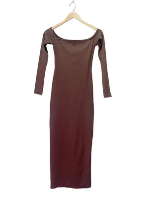 NWT Bumpsuit Sculpting Rib Off Shoulder Maternity Dress XS Brown Bodycon Midi thumbnail 2