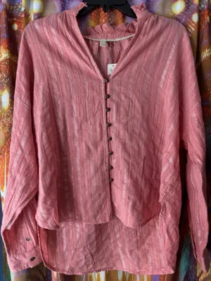 Anthropologie Pilcro Tavi Pink Metallic Button Up Long Sleeve Blouse NWT thumbnail 1