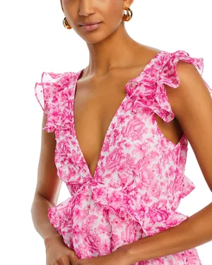 AQUA Pink Floral Ruffle Trim Mini Dress thumbnail 5