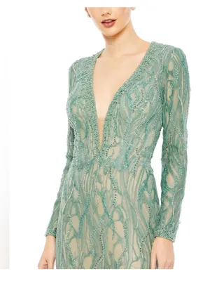Mac Duggal 79291 Beaded Illusion Long Sleeve Plunge Neck Gown NWT 10‎ Sage thumbnail 2