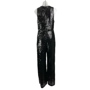 If By Sea Women's Black Sleeveless Sequin Tie Plunging V-Neck Romper Jumpsuit L thumbnail 3