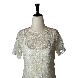 Ralph Lauren Crochet Lace Dress Women Medium Ivory Short Sleeve Shift Mini Retro thumbnail 4