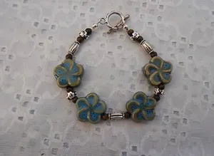 Handmade NEW! Earthy Beaded Toggle Bracelet W Ceramic Flower Beads 7.25” thumbnail 4