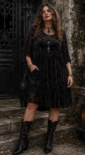 Zapelle Women's L/XL Black Sheer Burnout Velvet Floral Midi Dress Ruched Sleeves thumbnail 1