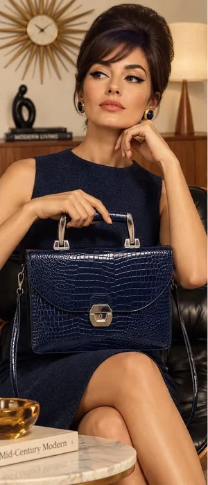 Valerie Barad Vintage Navy Blue Croc Embossed Satchel Crossbody Bag Metal Handle thumbnail 1