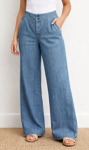 Ralph Lauren Jeans Co Pinstripe Denim Wide Leg Trouser Blue Cotton Size 10 VTG thumbnail 1