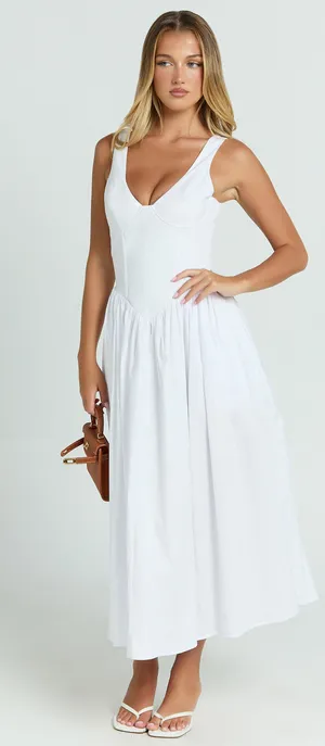 Showpo New Beckett Midi Dress Scoop Neck Drop V Waist Gathered Dress Size Medium thumbnail 1