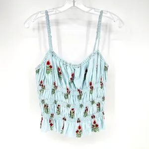 We The Free Dolce Vita Tank Top Women L Blue Floral Smocked Boho Cottage Coastal thumbnail 2
