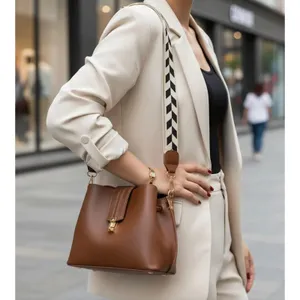 Brown Faux Leather Bag Black Cream Chevron Strap thumbnail 3