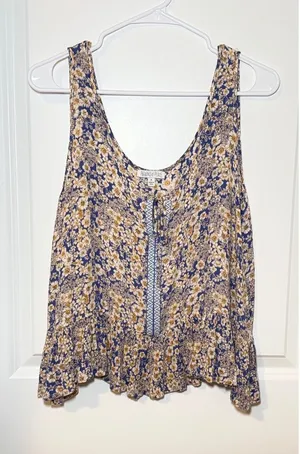 Patrons of Peace Blue Yellow Ditsy Floral Peasant Blouse Boho Size Medium thumbnail 1