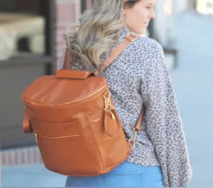 Faux leather brown cognac tan large backpack diaper bag thumbnail 1