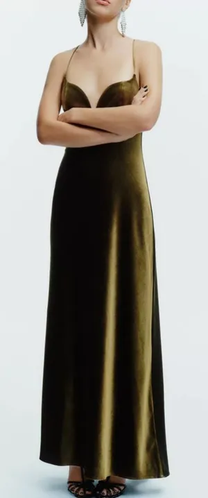 Zara‎ velvet STRAPPY bottle green maxi dress thumbnail 1