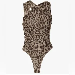 Tyssedal Studio Leopard Print Ruched Crossover Halter Bodysuit Brown Tan Large thumbnail 2